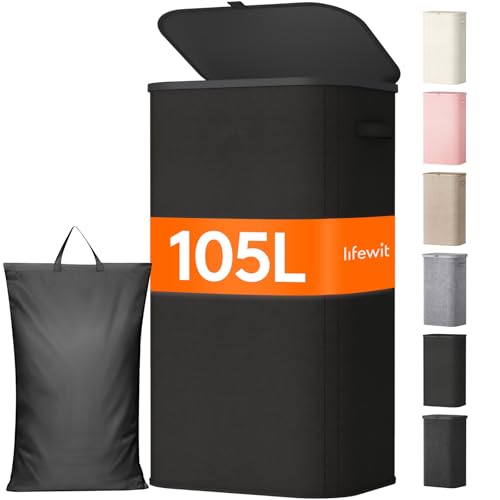 Lifewit 105L Large Laundry Basket with Lid, Laundry Hamper with Plastic Handles and Removable Bag, Foldable Tall Dirty Clothes Hampers for Laundry for Laundry Room, Bedroom, Bathroom, Dorm, Black - color: Black, size: 105L