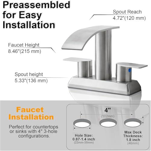 IKEBANA Brushed Nickel Waterfall Bathroom Faucet,2 Handle Stainless Steel 4 inch Bathroom Sink Faucet Modern Waterfall Spout Faucets Lead-Free Faucets with Supply Hoses and Pop-up Drain, IK-ZT2317L - color: Brushed Nickel