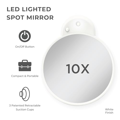 Zadro Magnification Lighted Compact Mirror with LED Light & Retractable Suction Cups – Travel Makeup Mirror, Cool White 6400K Lighting, Battery Operated, Made in USA (White, 10X | 4.3" L x 3.5" W) - color: White