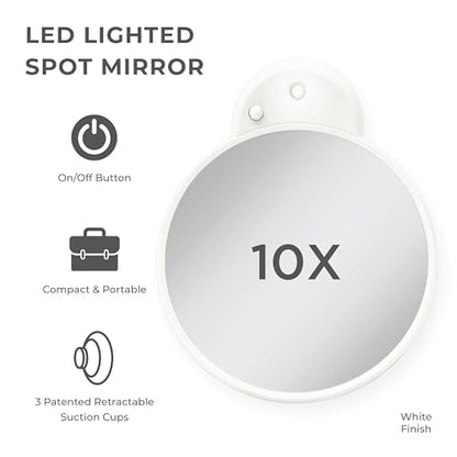 Zadro Magnification Lighted Compact Mirror with LED Light & Retractable Suction Cups – Travel Makeup Mirror, Cool White 6400K Lighting, Battery Operated, Made in USA (White, 10X | 4.3" L x 3.5" W) - color: White