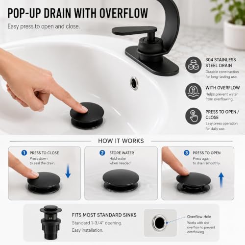 ARSUONTA Matte Black Waterfall Bathroom Sink Faucet, Single Handle, Fits Single-Hole or Compatible 3-Hole Sinks, Easy to Install with Deck Plate, Pop-Up Drain with Overflow and 24-Inch Supply Hoses - color: Black