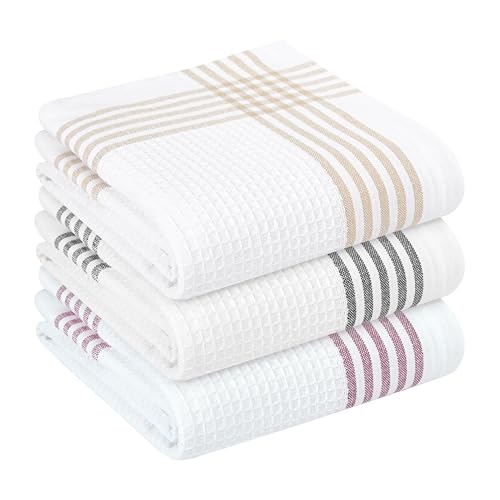Multi Color Kitchen Towels 3 Pack, 16x26 Inch, 100% Cotton Waffle Weave, Super Absorbent, Quick Dry, Reusable Dish Towels for Cleaning, Drying, Cooking, Beige, Black, Burgundy Wine - color: Beige, Black, Burgundy Wine, style: 3 Pack