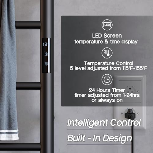 Sharpeye Towel Warmer Rack with 24hr Timer, 4-Bar Matte Black Heated Towel Rack for Bathroom, Plug-in/Hardwired, Electric Towel Warmer with Temperature Controls