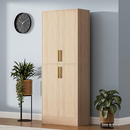 Housoul 71" Tall Pantry Cabinet with 4 Doors, Kitchen Pantry Storage Cabinet, Freestanding Larder Cupboard, Utility Kitchen Hutch with Gold Handles for Dining Room, Bathroom, Oak - color: Oak