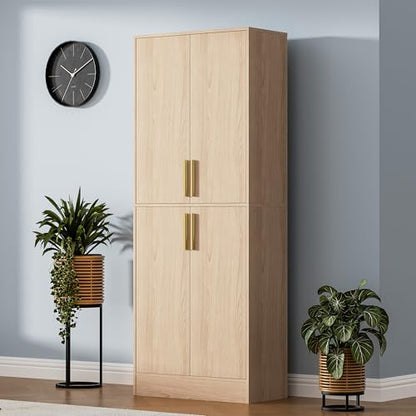 Housoul 71" Tall Pantry Cabinet with 4 Doors, Kitchen Pantry Storage Cabinet, Freestanding Larder Cupboard, Utility Kitchen Hutch with Gold Handles for Dining Room, Bathroom, Oak - color: Oak