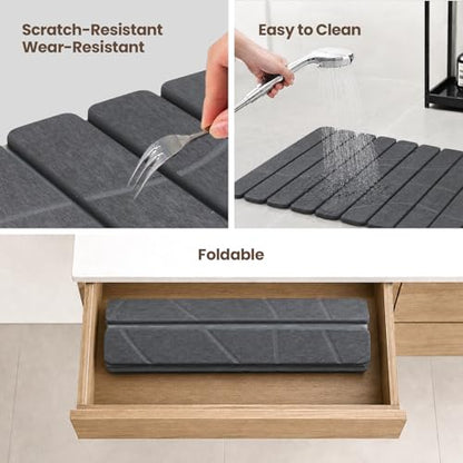 Non-Slip Stone Bath Mat for Bathroom, Foldable Super Absorbent | Mosthink Textured Quick Dry Diatomaceous Earth Mat for Bath Kitchen Counter, Easy to Clean(Dark Gray, 23.6'' x 15.3'') - color: Dark Grey