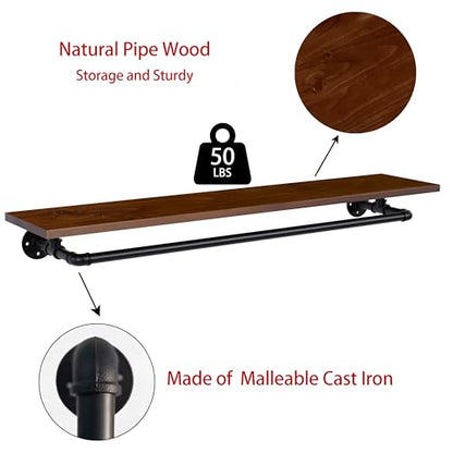 Clothes Rack 42in, Wall Mounted Garment Rack with Real Walnut Wood Shelf, Heavy Duty Hanging Clothes Rack, Multi-Purpose Hanging Rod, Space-Saving Closet Storage - color: Walnut, size: 1T42IN