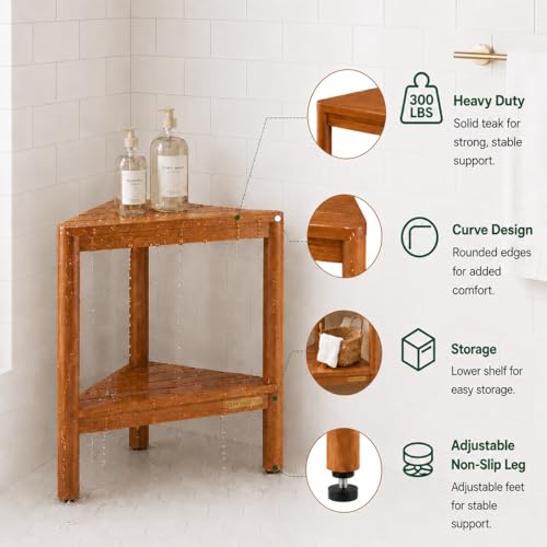Fully Assembled Teak Corner Bath Shower Storage Stand, Bathroom Bench with Storage Shelf 18"