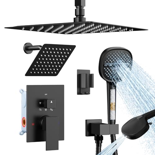 Matte Black Shower System Shower Faucet Sets, Dual Head Shower Set STARBATH 12'' Ceiling Mount and 6''Wall Mount Rainfall Shower Systems with Multifunctional Filtered Handheld Sprayer for Two Person - color: Matte Black, size: 6+12 inch-02