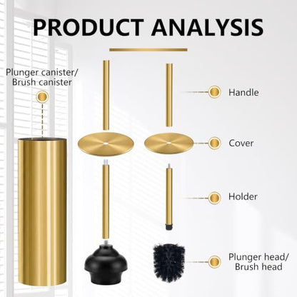 Gold Toilet Plunger and Brush Set, 2 Piece Stainless Steel Bathroom Cleaning Combo with Holder, Modern Luxury Gold Finish Cleaning Toilet Tools for Bathroom Deeply Clean and Decor