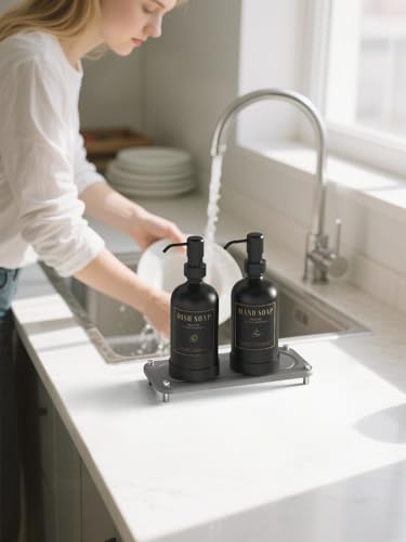 Luxspire 17 oz Glass Liquid Soap Dispenser Set, Black + Dark Gray, 2 Pack | Anti-drip pump, wide mouth easy refill, non-slip silicone base, 7 waterproof labels, refillable glass for hand dish soap - color: Black+gray