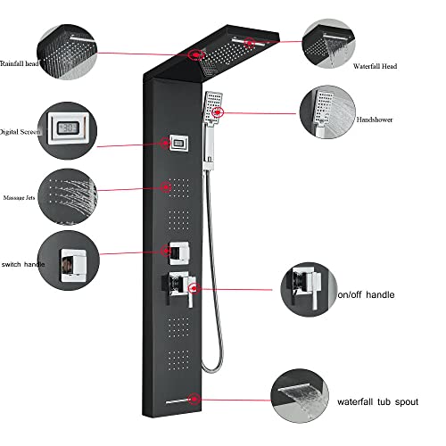 Black Shower Panel Tower Massage Body Jets System Rain Waterfall Mixer Hand Shower