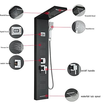Black Shower Panel Tower Massage Body Jets System Rain Waterfall Mixer Hand Shower