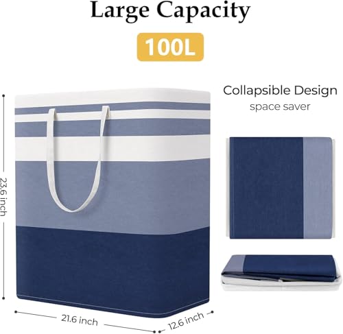 StorageRight Laundry Basket Hamper Large Collapsible Laundry Hamper with Easy Carry Handles，Freestanding Clothes Hampers for Laundry, Bedroom, Dorm, Clothes, Towels, 100L, Gradient Blue | Freestanding Clothes Hampers, Foldable design, with Easy Carry Hand