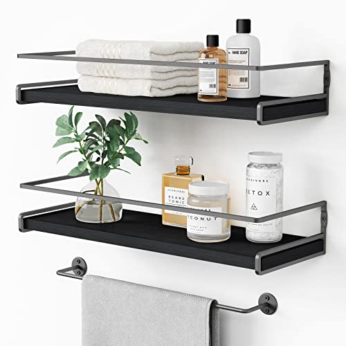 Forbena Black Floating Shelves for Bathroom Wall Set of 2, Kitchen Spice Rack Wall Mount, Modern Wood Hanging Wall Shelves for Bedroom Organizer, Restroom Pantry Closet Storage (Grey-Black) - color: 3. Black-grey