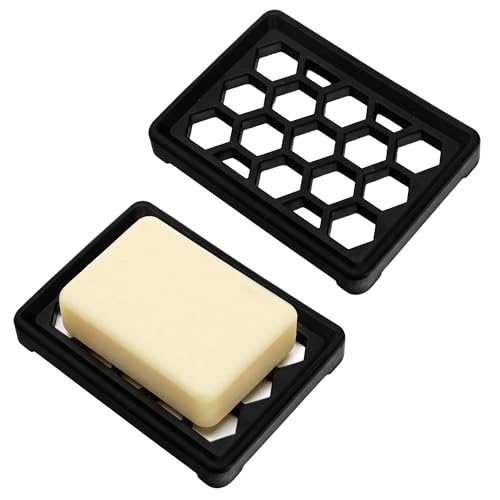 Honeycomb Silicone Soap Dish, Self Draining Soap Holder with Raised Grid Design, Non Slip Soap Saver Tray, Quick Dry Soap Dish for Bathroom Kitchen Sink Shower, Black & Black - color: Black