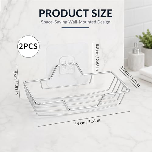 2 Pack Soap Holder for Shower Wall, Stainless Steel Wall Mounted Soap Dish with Draining Tray, No Drilling Adhesive Bar SoapSponge Holder for Bathroom and Kitchen, Silver