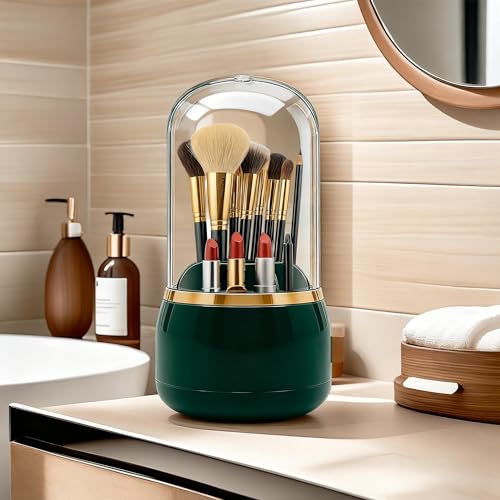 Toothbrush Holder with Lid Cosmetic Tools Organizer 360 Rotating 7-Slot Draining Waterproof Dustproof Make Up Brushes Toothbrush Storage for Dresser Vanity Bathroom Countertop - color: Green rotate
