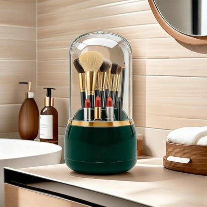 Toothbrush Holder with Lid Cosmetic Tools Organizer 360 Rotating 7-Slot Draining Waterproof Dustproof Make Up Brushes Toothbrush Storage for Dresser Vanity Bathroom Countertop - color: Green rotate