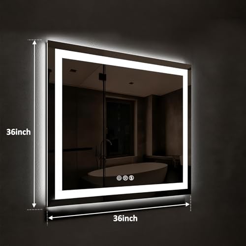 ROOMTEC 36x36 Inches LED Bathroom Mirror with Lights, Vanity Mirror with Front and Backlight, Smart Dimmable Anti-Fog LED Mirror for Bathroom, Memory Function, Tempered Glass (Horizontal/Vertical) - size: 36"L x 36"W