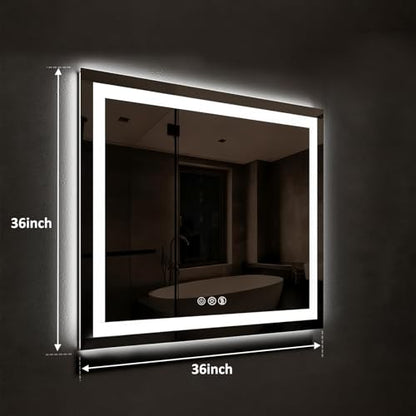 ROOMTEC 36x36 Inches LED Bathroom Mirror with Lights, Vanity Mirror with Front and Backlight, Smart Dimmable Anti-Fog LED Mirror for Bathroom, Memory Function, Tempered Glass (Horizontal/Vertical) - size: 36"L x 36"W
