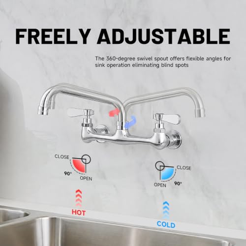 Wall Mount Kitchen Faucet Commercial Sink Faucet with 8 Inch Swivel Spout | Two Handles,8 Inches Center,Gooseneck 360° Rotating Spout,Faucet for Restaurant/Laundry/Utility Sinks,Lead-Free,Chrome Finish - size: 8 Inch