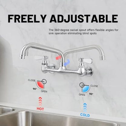 Wall Mount Kitchen Faucet Commercial Sink Faucet with 8 Inch Swivel Spout | Two Handles,8 Inches Center,Gooseneck 360° Rotating Spout,Faucet for Restaurant/Laundry/Utility Sinks,Lead-Free,Chrome Finish - size: 8 Inch
