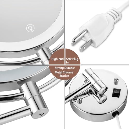 Wall Mounted Makeup Mirror with Magnification, 8" 1X/10X Magnifying Mirror Wall Mounted for Bathroom, 3 Color Light, Touch Dimmable, 360° Swivel, Extendable Arm, 2-Sided, Plug-in & Hardwire