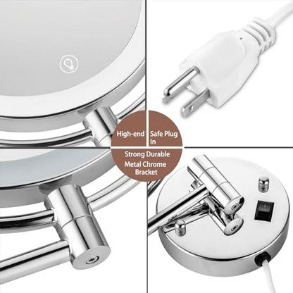 Wall Mounted Makeup Mirror with Magnification, 8" 1X/10X Magnifying Mirror Wall Mounted for Bathroom, 3 Color Light, Touch Dimmable, 360° Swivel, Extendable Arm, 2-Sided, Plug-in & Hardwire