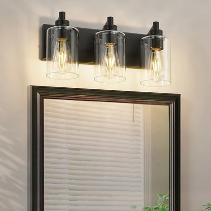 3-Light Bathroom Light Fixtures, Black Vanity Light with Cylinder Clear Glass Shade, Modern Vanity Lighting Fixtures Over Mirror, VL143-MB-3 | 16.5" modern bathroom light fixtures over mirror, E26 base, bulbs not included, VL143-MB-3 - color: Black, Cylin
