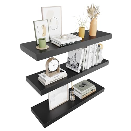 Colima Floating Shelves for Wall, Rustic Wood Wall Mounted Shelves for Bathroom, Toilet, Bedroom, Living Room, Kitchen, Office, Hanging Shelf for Books, Storage, Room Decor, Black, 24in, Set of 3 - color: Black, size: 24"-3pack