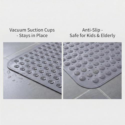 Double-Sided Anti-Slip Bath Tub Mat with Suction Cups and Drain Holes, Textured Surface, Bathtub Rug for Safety and Relaxation, 31.5" x 16" Grey