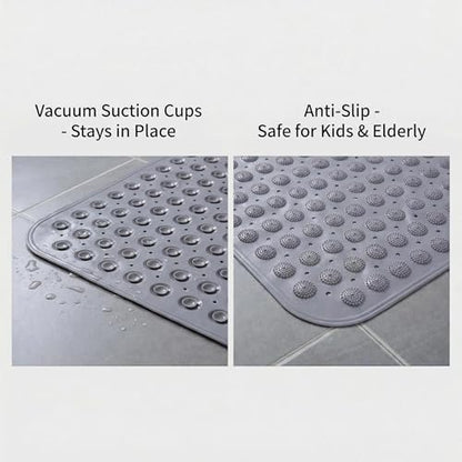 Double-Sided Anti-Slip Bath Tub Mat with Suction Cups and Drain Holes, Textured Surface, Bathtub Rug for Safety and Relaxation, 31.5" x 16" Grey