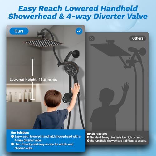 Hibbent High Pressue All Metal 8" Rainfall Shower Head, Handheld 10-Spray | cUPC Certified Oil-Rubbed Bronze Dual Showerhead Combo, 4-way Diverter with Pause Mode, Extension Arm, 71'' Hose & Holder - color: Oil Rubbed Bronze, style: Square 8"