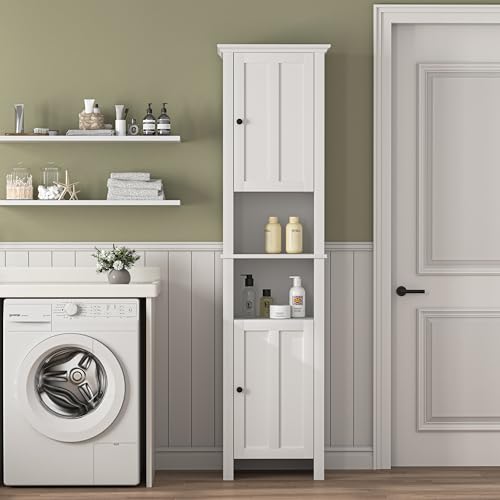 Tall Bathroom Storage Cabinet with Shelves and Door, Narrow Bathroom Cabinet with Adjustable Shelves, Slim Storage Tower, Linen Cabinet for Bedroom, Living Room (White, 15.7"L x 11.8"W x 67"H)