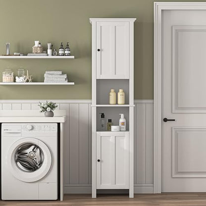 Tall Bathroom Storage Cabinet with Shelves and Door, Narrow Bathroom Cabinet with Adjustable Shelves, Slim Storage Tower, Linen Cabinet for Bedroom, Living Room (White, 15.7"L x 11.8"W x 67"H)