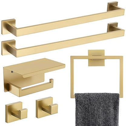 6-Piece Bathroom Hardware Set 23.6 Inch Gold Towel Bar Set Double Towel Bar Towel Ring Coat Hook and Toilet Paper Holder with Shelf Wall Mounted Stainless Steel Bathroom Accessories Set - color: 6-piece Gold