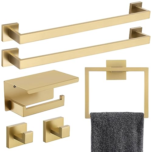6-Piece Bathroom Hardware Set 23.6 Inch Gold Towel Bar Set Double Towel Bar Towel Ring Coat Hook and Toilet Paper Holder with Shelf Wall Mounted Stainless Steel Bathroom Accessories Set - color: 6-piece Gold