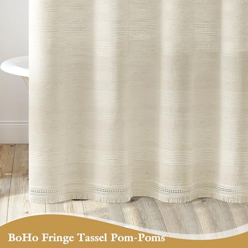 Small Stall Boho Farmhouse Shower Curtain with Tassel, Linen Bohemian French Country Chic Bathroom Shower Curtain Set, Modern Striped Textured Shower Curtain 36x72 - Beige/Cream - color: Beige, size: 36"W x 72"L (Pack of 1)