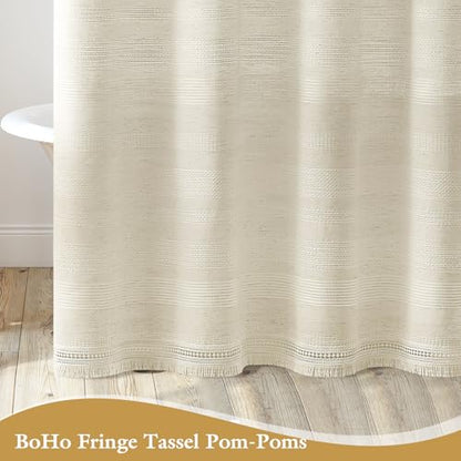 Extra Long Boho Farmhouse Shower Curtain with Tassel, Linen Bohemian French Country Chic Bathroom Shower Curtain Set, Modern Striped Textured Shower Curtain 72x84 - Beige/Cream - color: Beige, size: 72"W x 84"L (Pack of 1)