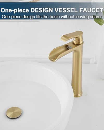 Vessel Sink Faucet, Tall Brass Waterfall Bathroom Faucet 1 Handle Gold Faucets for Bathroom Vanity 1 Hole with Pop-Up Drain & Supply Hoses - color: Brushed Gold-Noble