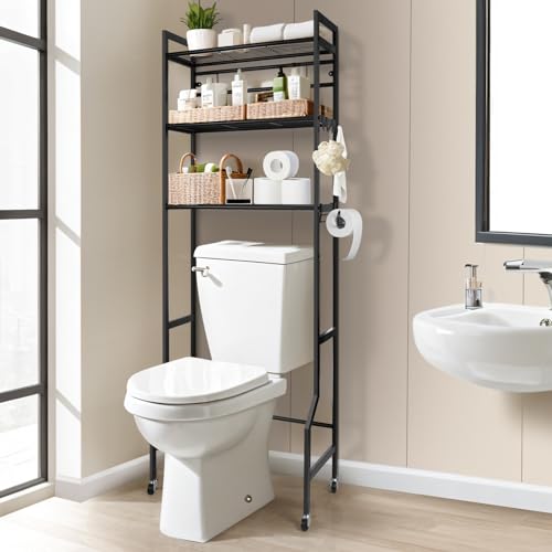 IIQ 3-Tier Metal Bathroom Organizer Shelf, Over The Toilet Storage,Freestanding Above Toilet Rack with Universal Wheels Toilet Paper 2 Holder Hooks,Simple Morden