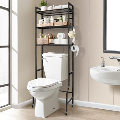 IIQ 3-Tier Metal Bathroom Organizer Shelf, Over The Toilet Storage,Freestanding Above Toilet Rack with Universal Wheels Toilet Paper 2 Holder Hooks,Simple Morden