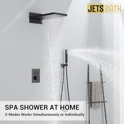 Thermostatic Shower System, Waterfall Shower Head(Matte Black) | 22-Inch Rain & Waterfall Large Shower Head, High Pressure Handheld Sprayer, 3 Modes Push Button Valve - color: Matte Black