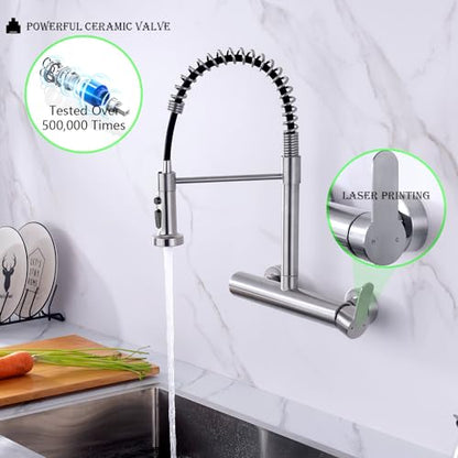 Wall Mount Faucet 8"" Center, High Arc Kitchen Sink Tap, Grifos De Cocina | 304 Stainless Steel Constructed, Pull Down Sprayer, Brushed Nickel, Rotatable, 3-Function Sprayer - color: Style B, Right Handle