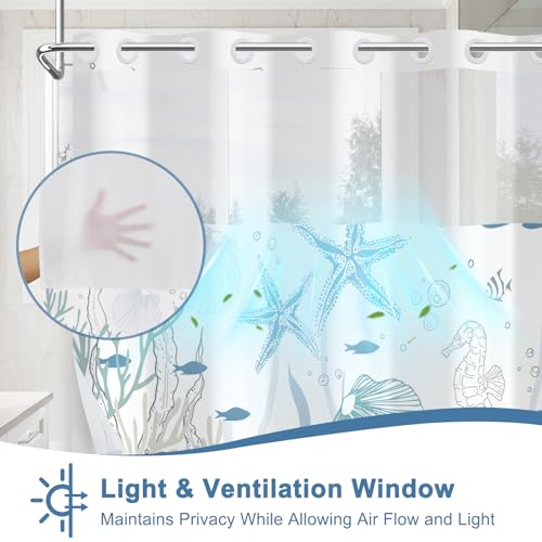 No Hook Shower Curtain Set with Detachable Snap in Liner, Waterproof Summer Shower Curtain with Ventilation Top Window and Weighted Hem, Ocean Theme Coastal Shower Curtains for Bathroom, 71x74 Inches - color: Calm Ocean