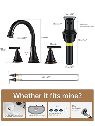 Bathroom Sink Faucet 3 Hole, Oil Rubbed Bronze Bathroom Vanity Faucet for Lavatory Sink with Pop-Up Drain, 8 Inch Widespread, 2 Handle Basin - color: Oil Rubbed Bronze