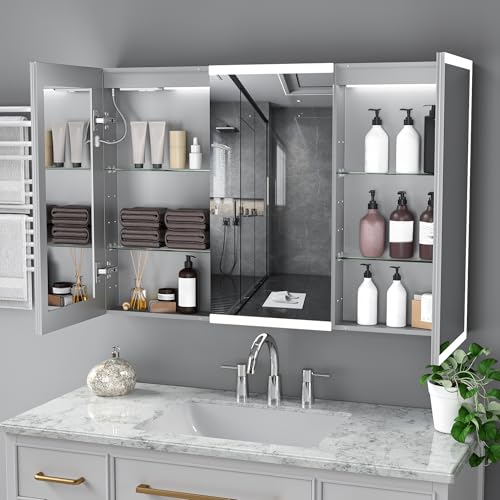 48x32" Wall-Mounted LED Bathroom Medicine Cabinet with Outlets, Anti-Fog | Surface-Mount/Recessed, Double-Sided Mirror Cabinet, 3 Color Temp, DTC Silent-Close Hinges, Adjustable Tempered Glass Shelf - size: 48"Wx32"H