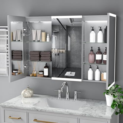 48x32" Wall-Mounted LED Bathroom Medicine Cabinet with Outlets, Anti-Fog | Surface-Mount/Recessed, Double-Sided Mirror Cabinet, 3 Color Temp, DTC Silent-Close Hinges, Adjustable Tempered Glass Shelf - size: 48"Wx32"H
