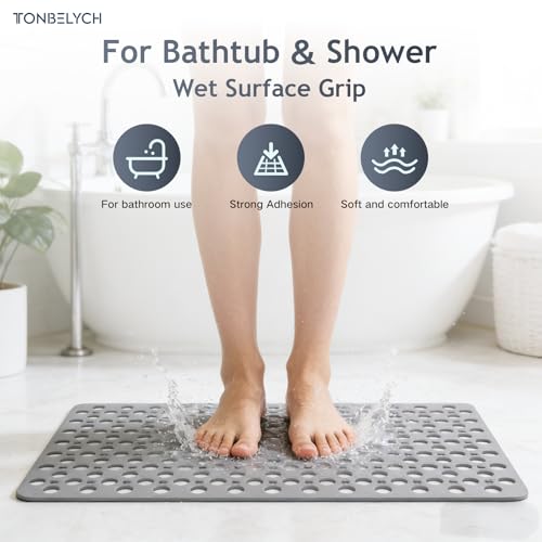 Non Slip Bath Mat for Shower & Bathtub - 30x17 Inch with Strong Suction Cups and Drain Holes, Quick-Dry, Machine Washable Floor Mat for Elderly, Kids & Pets